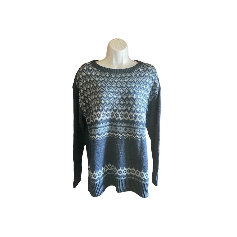 Chaps Women's Blue Fair Isle Knit Long Sleeve‎ Crewneck Sweater